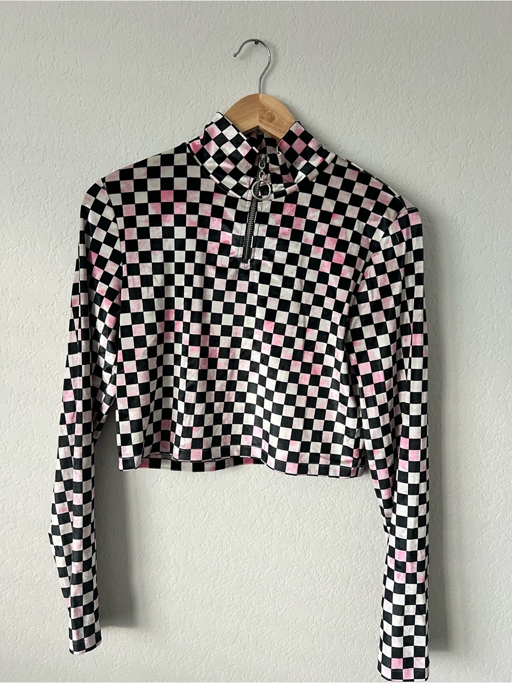 Checkerboard Mock Neck Crop Top in Black, White and Pink
